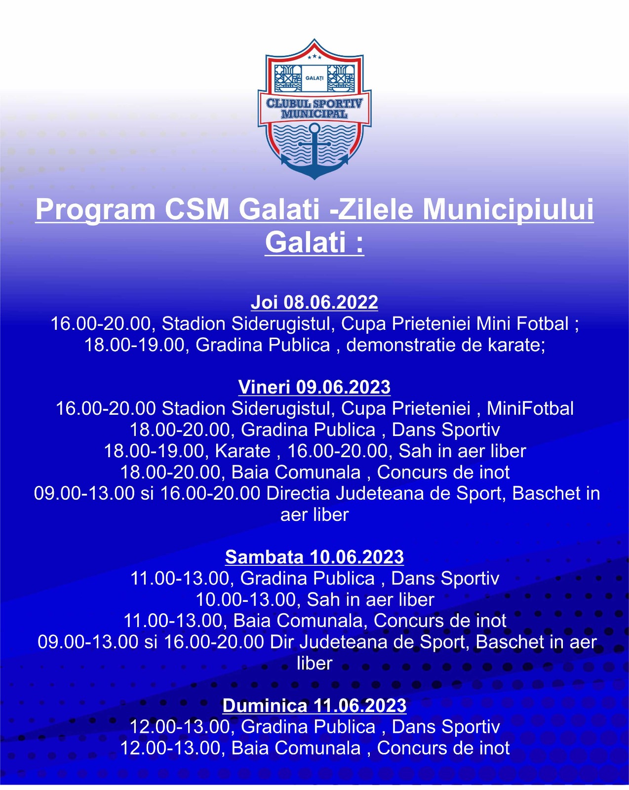Program CSM - Zilele Municipiului Galați